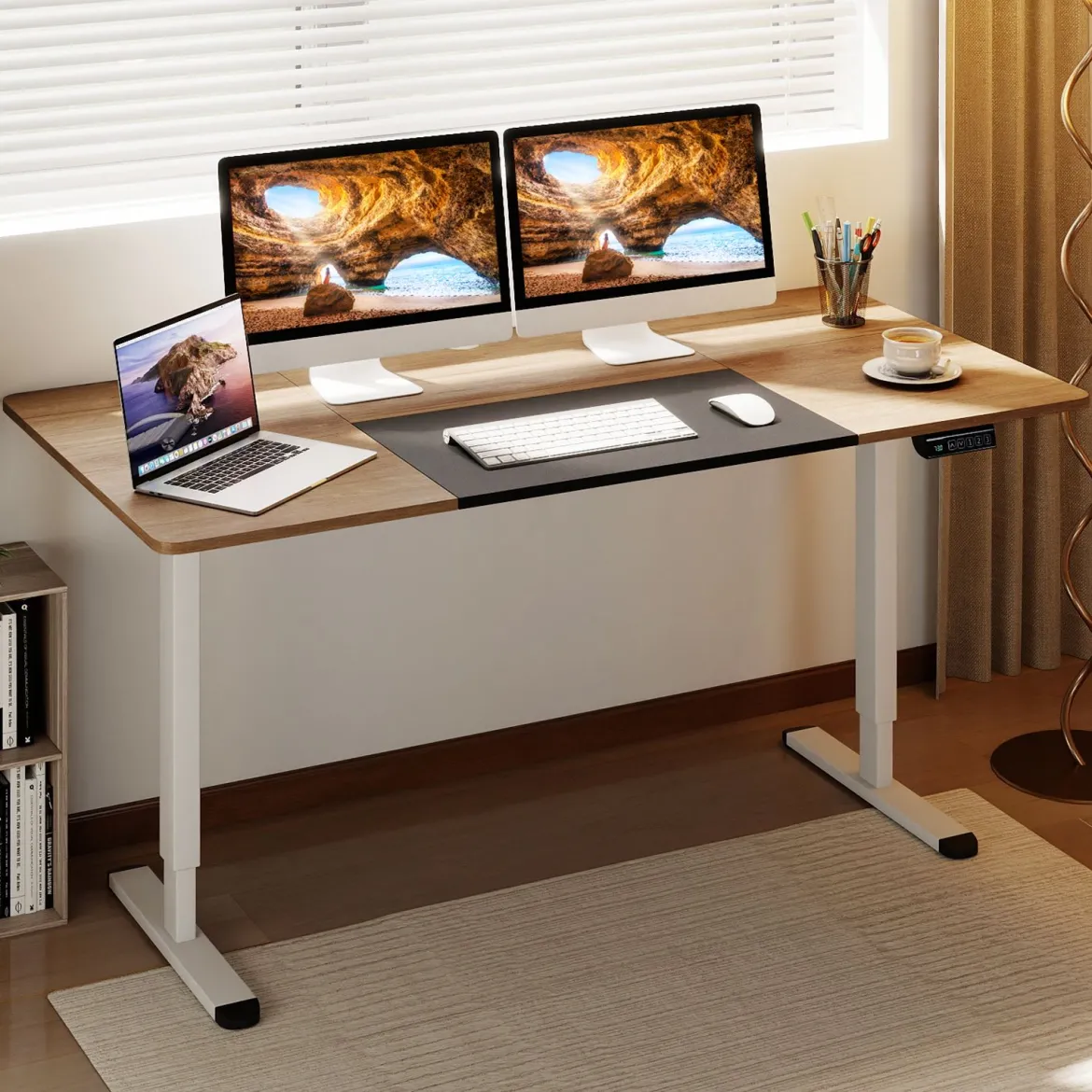 Elektrischer Stehschreibtisch 140 x 70 cm höhenverstellbarer Schreibtisch ergonomischer Sitz-Steh-Schreibtisch Beige/Braun/Natur