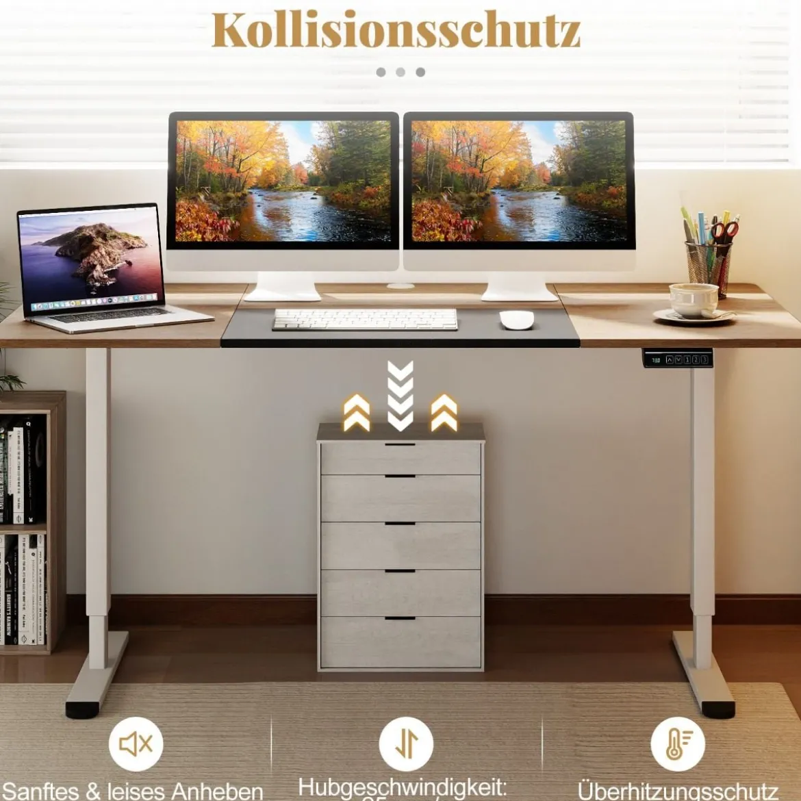 Elektrischer Stehschreibtisch 140 x 70 cm höhenverstellbarer Schreibtisch ergonomischer Sitz-Steh-Schreibtisch Beige/Braun/Natur