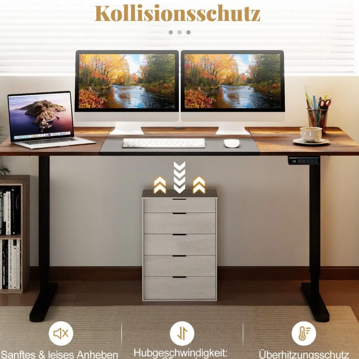 Elektrischer Stehschreibtisch 140 x 70 cm höhenverstellbarer Schreibtisch ergonomischer Sitz-Steh-Schreibtisch Beige/Braun/Natur