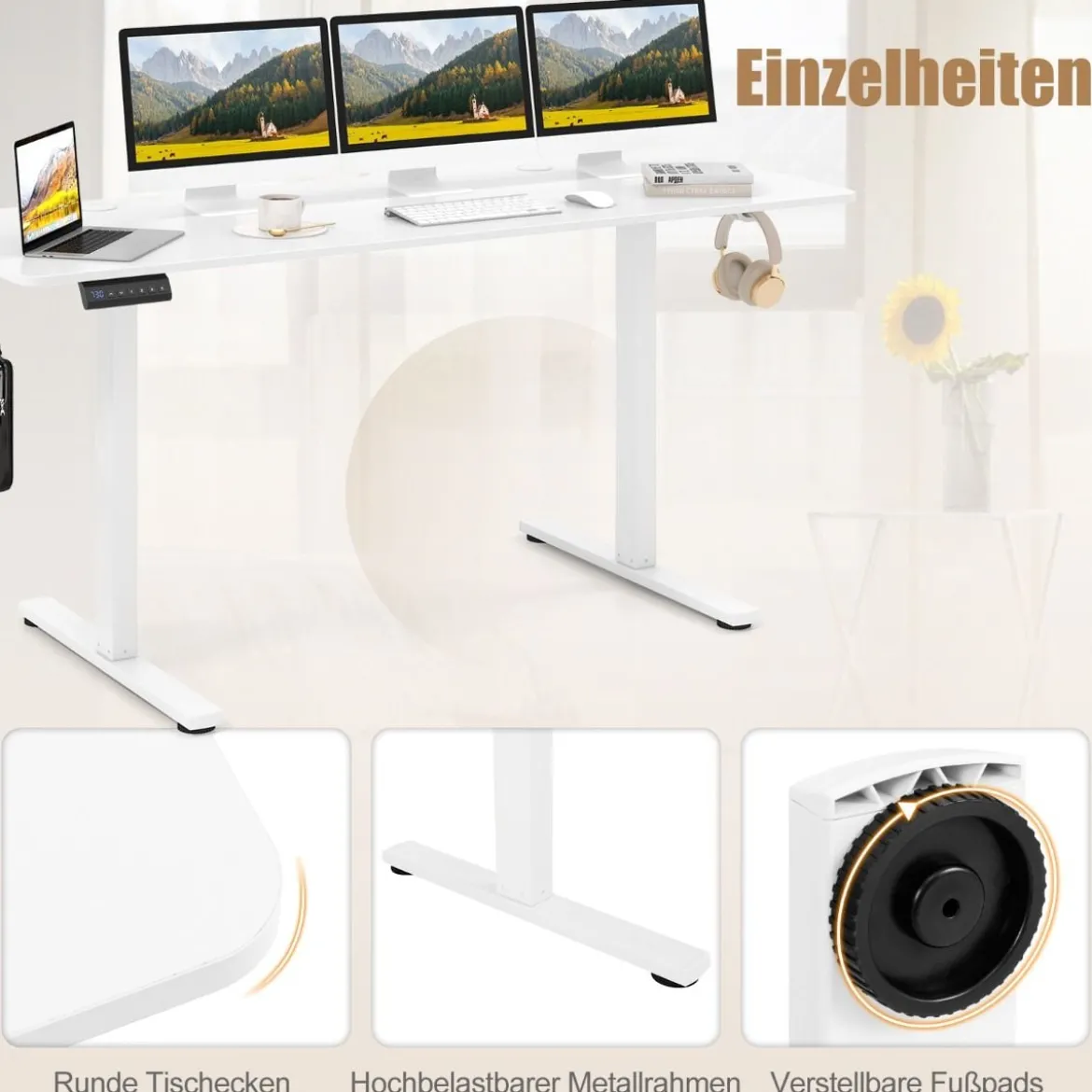 Elektrischer Stehschreibtisch mit 3 Memory-Höhen Sit Stand Schreibtisch Höhenverstellbarer Computertisch