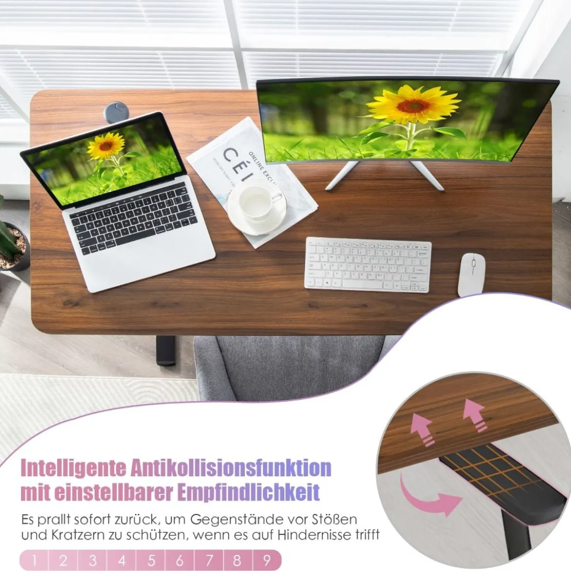 Elektrischer Stehschreibtisch mit USB-Ladeanschluss einfache Montage Rustikales Braun