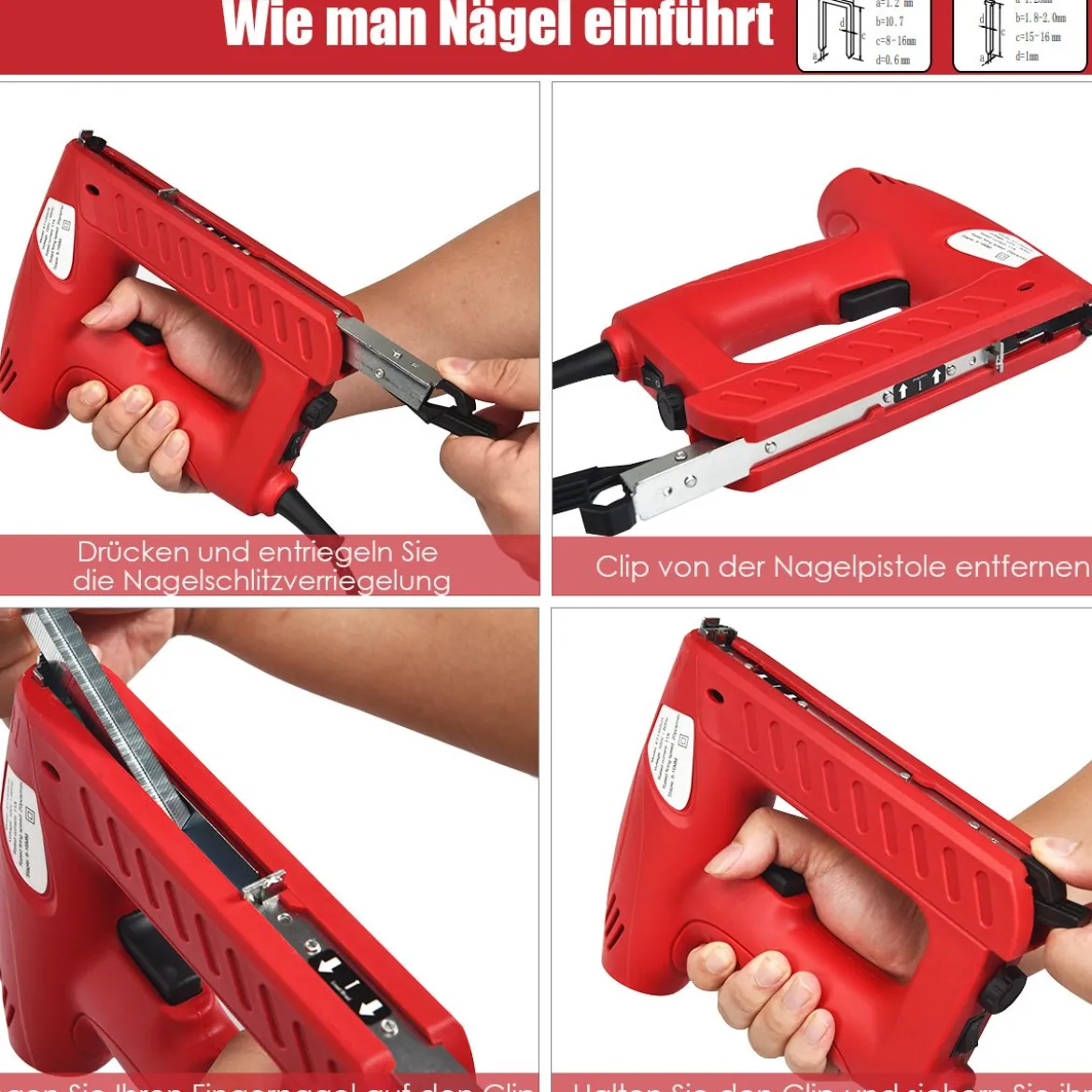 Elektrischer Tacker Nagler Elektrisches Nagelpistolen Kit mit 2000 Tackerklammern Rot