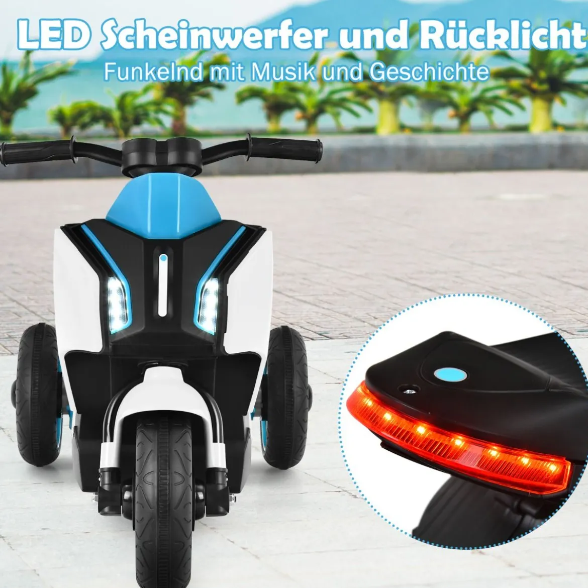 Elektrischer 6V Motorroller für Kinder mit Scheinwerfer 80,5 x 41 x 51,5 cm Weiß + Schwarz + Blau