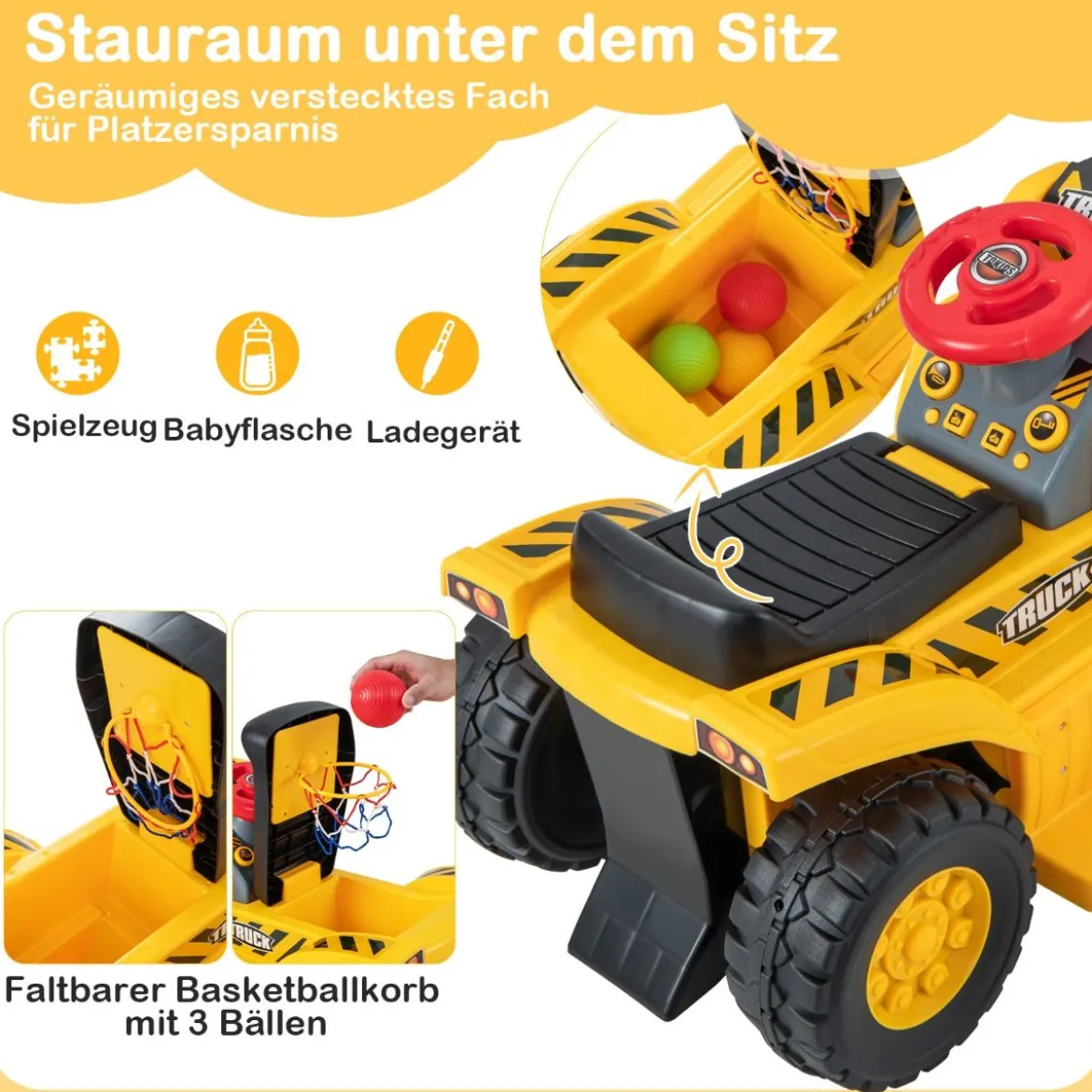Elektrisches Baggerspielzeug mit Stauraum & Hupe & Soundeffekten & Klappbarem Basketballkorb