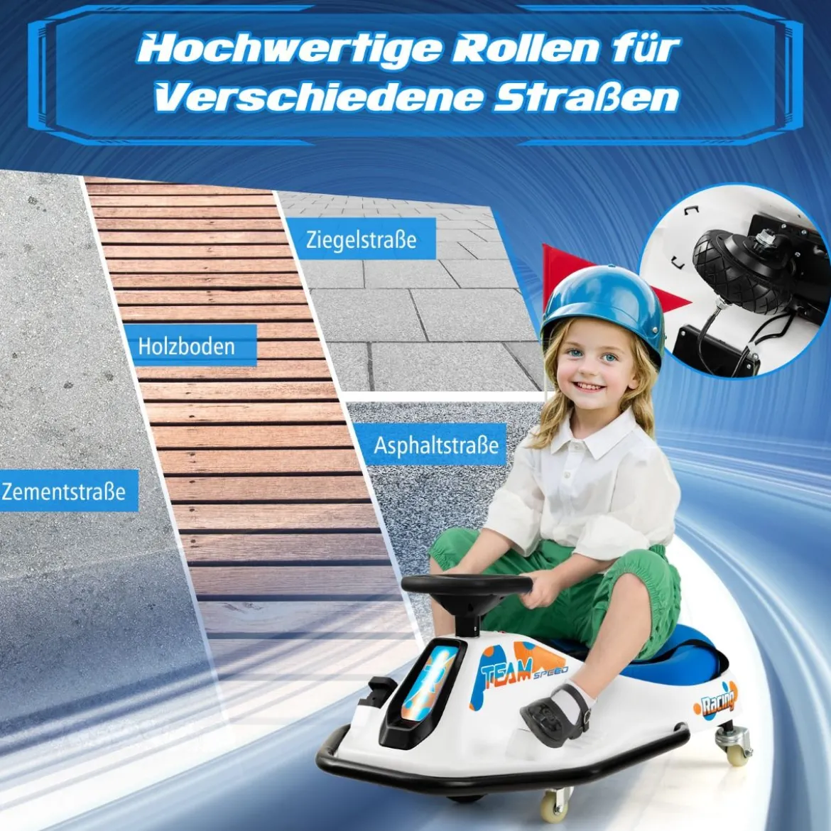 Elektrisches Gokart für Kinder 24-V-Driftauto für Kinder mit 360°-Drehung Rennauto für Kleinkinder Blau