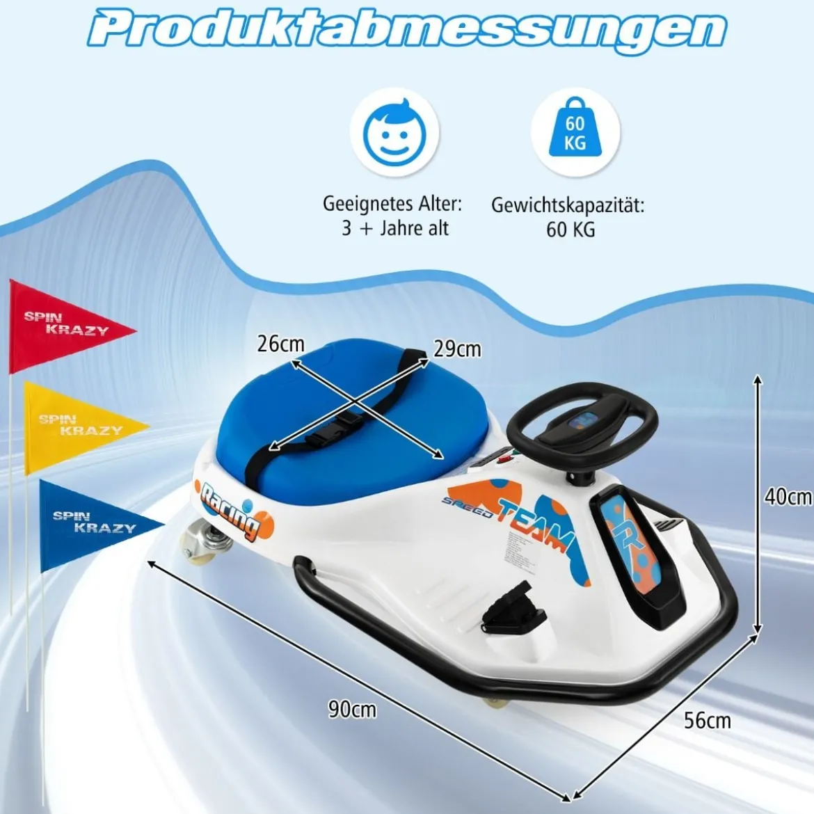 Elektrisches Gokart für Kinder 24-V-Driftauto für Kinder mit 360°-Drehung Rennauto für Kleinkinder Blau