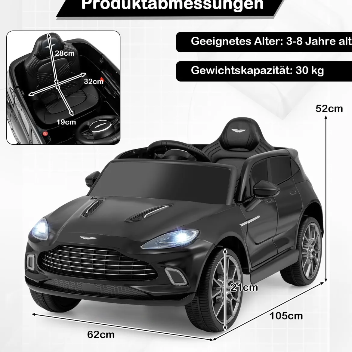 Elektrisches Kinderauto Aston Martin lizenzierter Elektrofahrzeug mit Hupe Musik & LED-Lichtern Schwarz