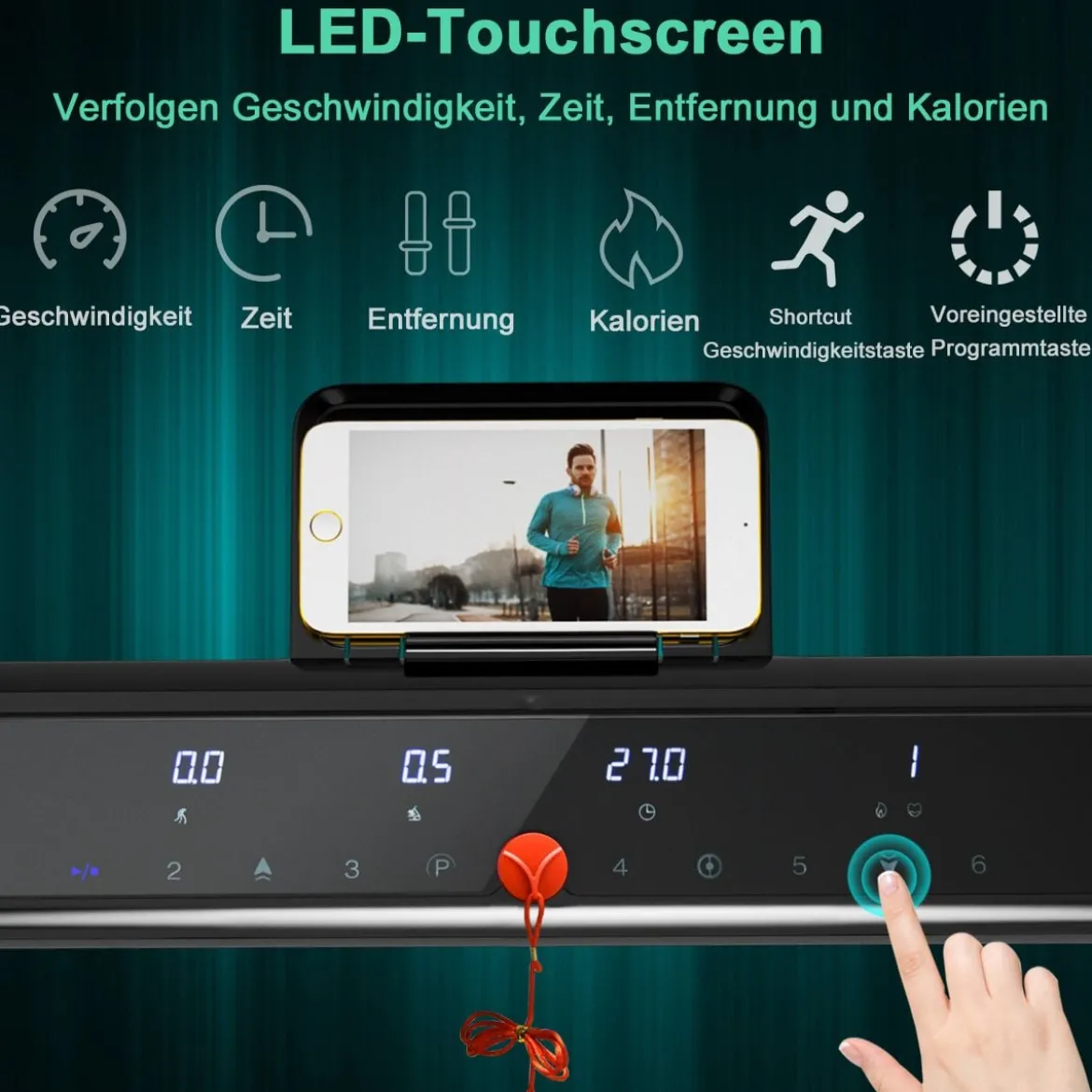 Elektrisches Laufband mit 2 Modi 12 Programmen LED-Touchscreen klappbar und rollbar bis 90 kg belastbar Fitnessgerät