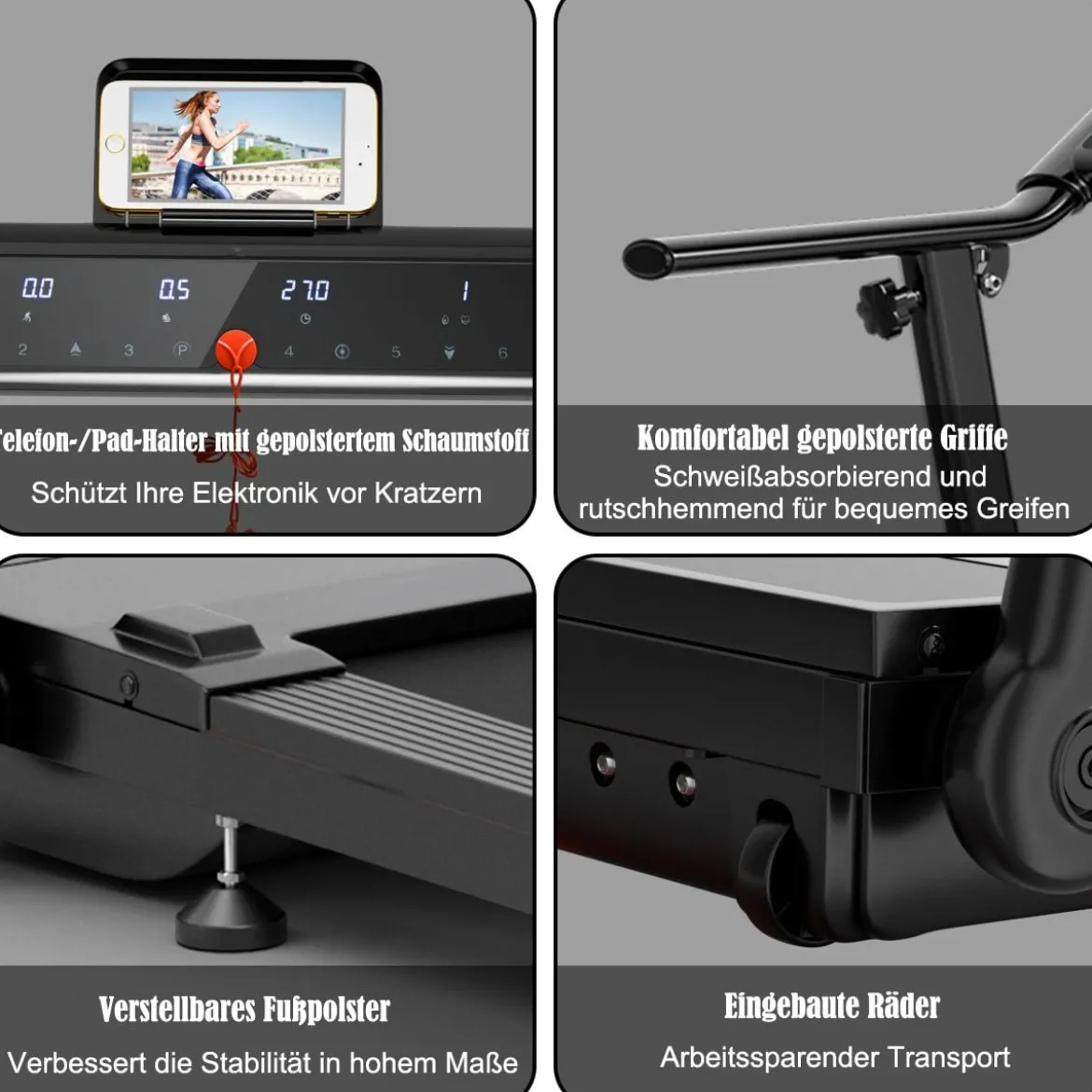 Elektrisches Laufband mit 2 Modi 12 Programmen LED-Touchscreen klappbar und rollbar bis 90 kg belastbar Fitnessgerät