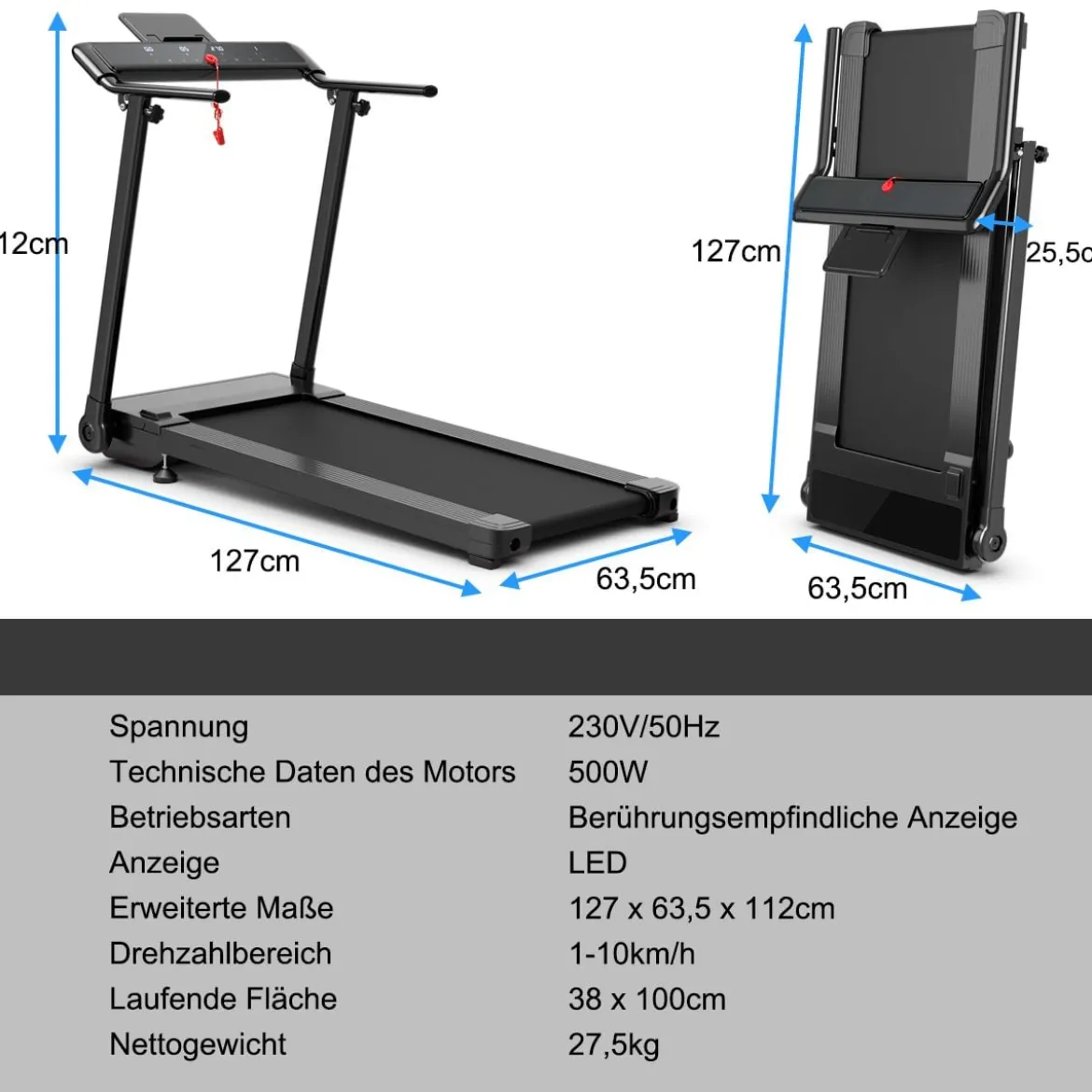 Elektrisches Laufband mit 2 Modi 12 Programmen LED-Touchscreen klappbar und rollbar bis 90 kg belastbar Fitnessgerät