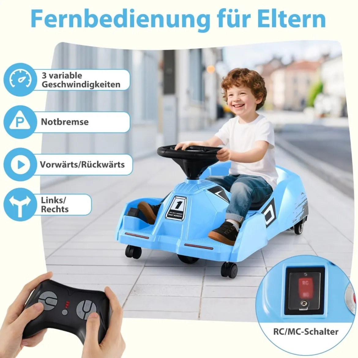 Elektrisches Reinigungs-Go-Kart 12V Rennwagen mit abnehmbarem Mopp 3-Gang-Fernbedienung Blau