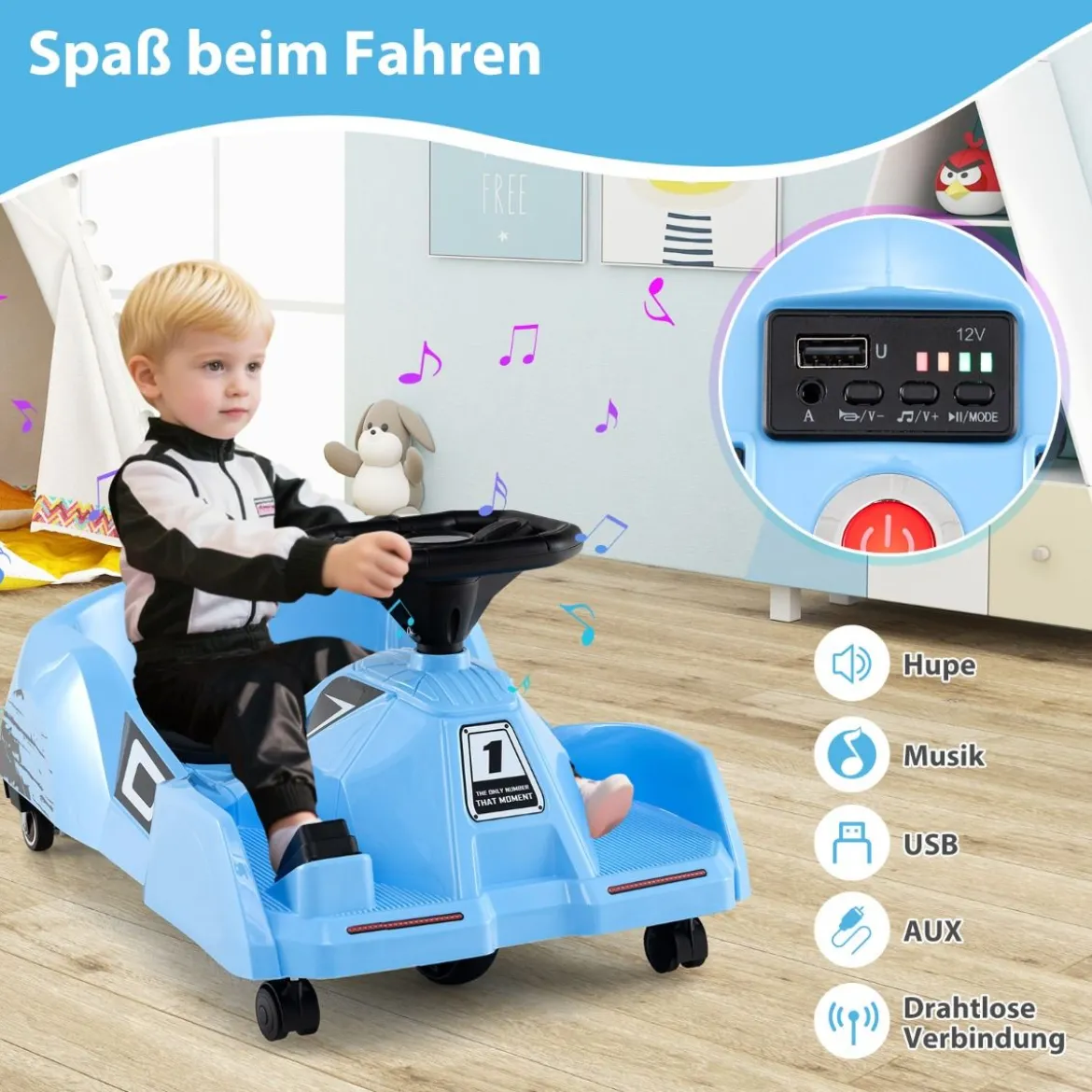 Elektrisches Reinigungs-Go-Kart 12V Rennwagen mit abnehmbarem Mopp 3-Gang-Fernbedienung Blau
