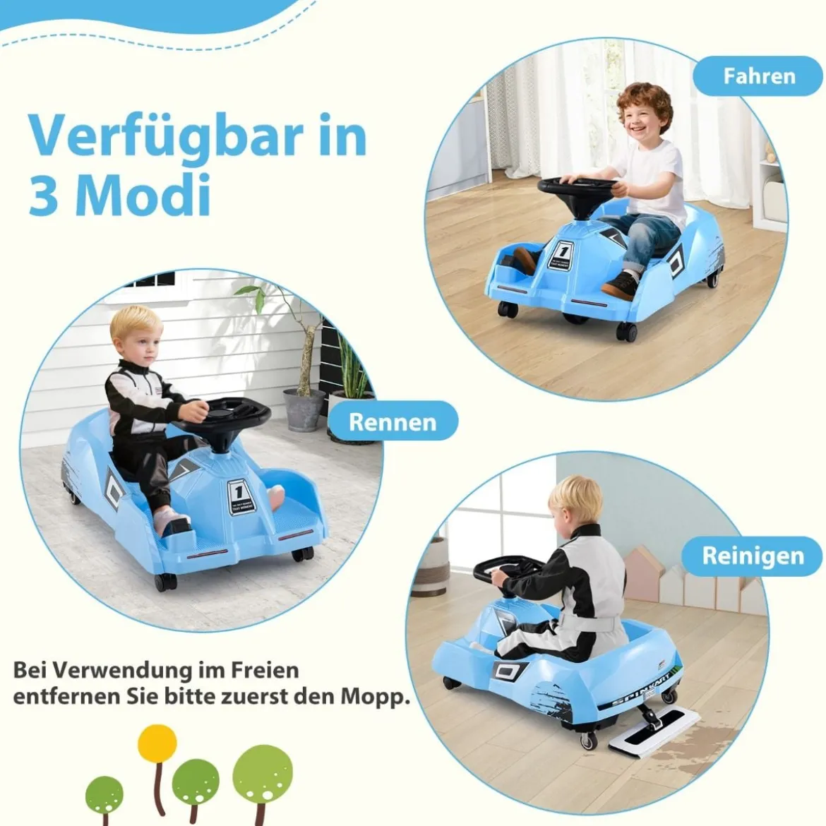 Elektrisches Reinigungs-Go-Kart 12V Rennwagen mit abnehmbarem Mopp 3-Gang-Fernbedienung Blau