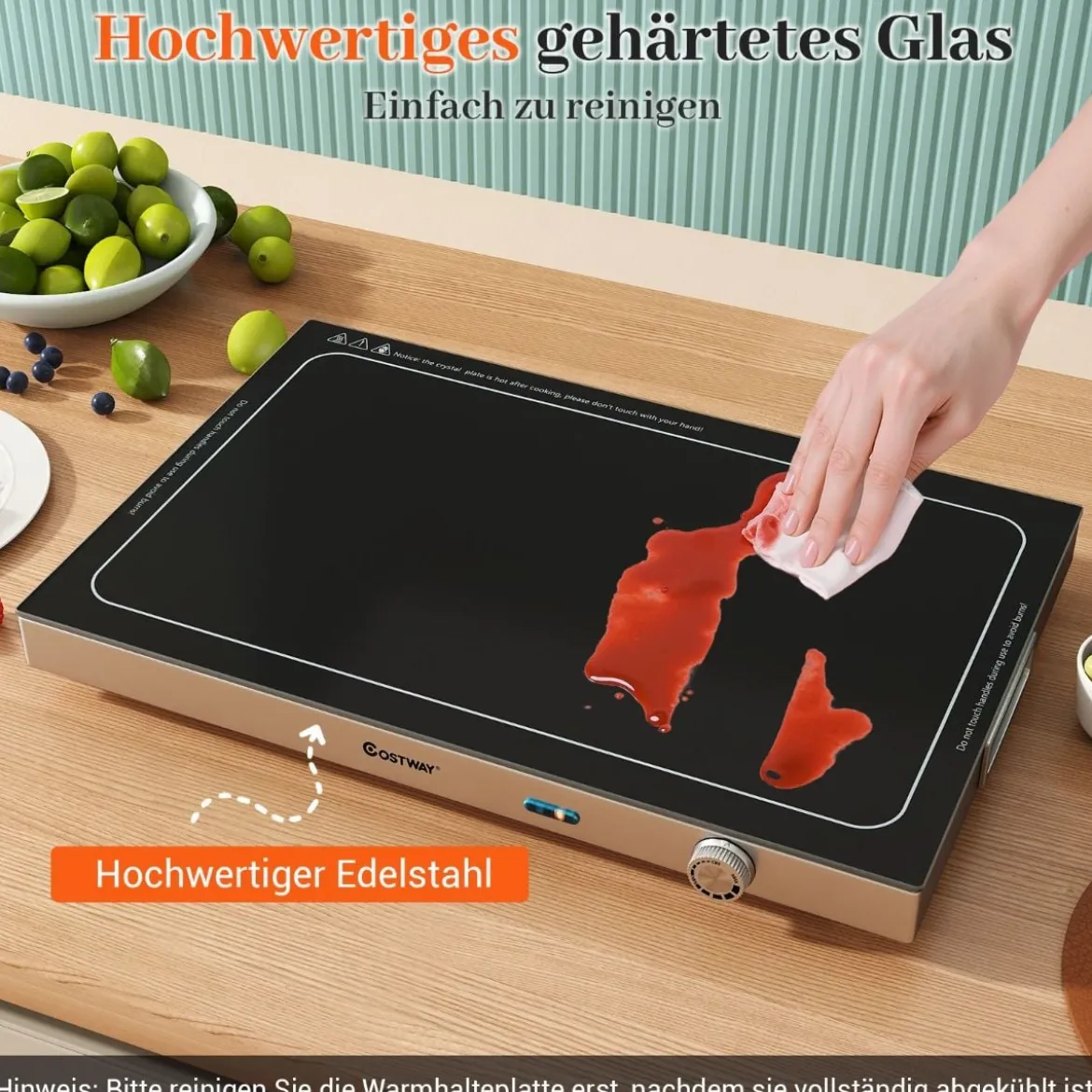 Elektrisches Warmhalte-Tablett mit Einstellbarer Temperatur Speisenwärmer mit Gehärteter Glasoberfläche Schwarz
