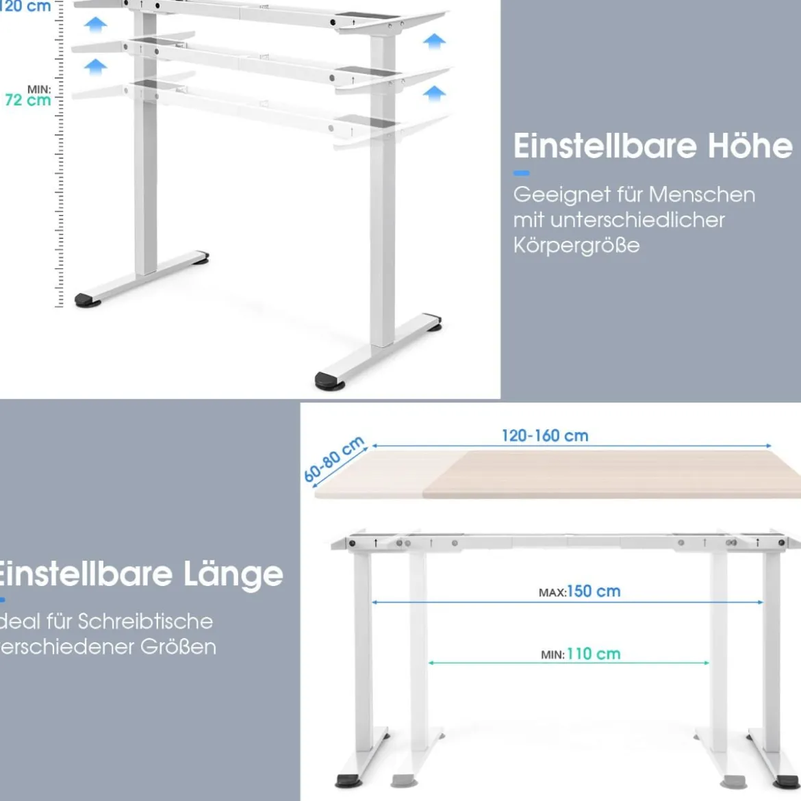 Elektrisches zweimotoriges Tischgestell mit höhenverstellbarer Sockel 109-151 x 59 x 70-120 cm Weiß