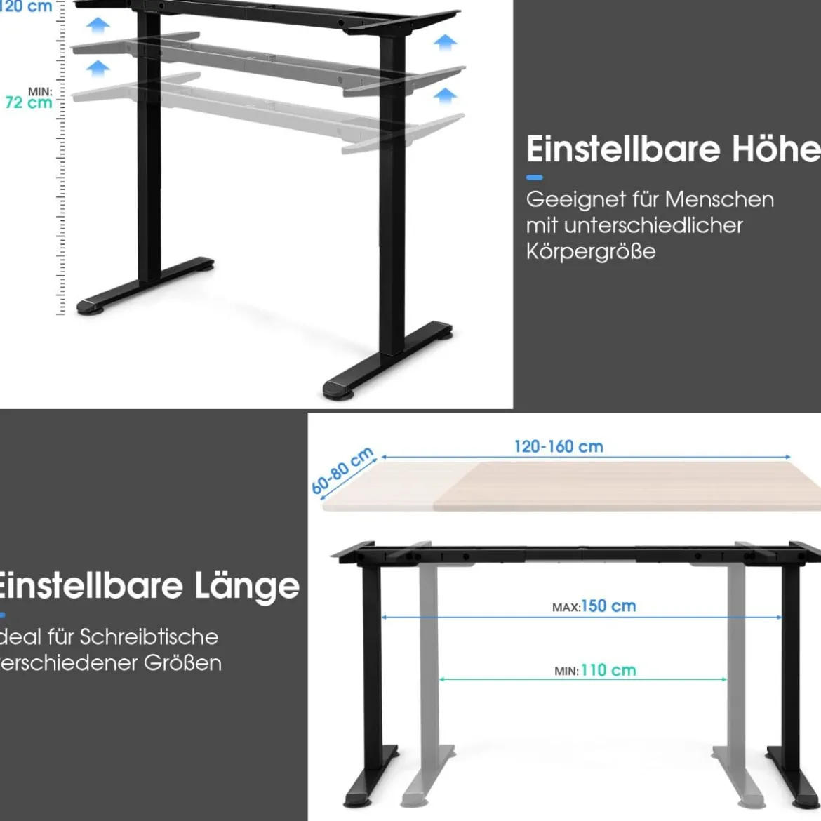 Elektrisches zweimotoriges Tischgestell Pultgestell höhenverstellbar 109-151 x 59 x 70-120 cm Schwarz