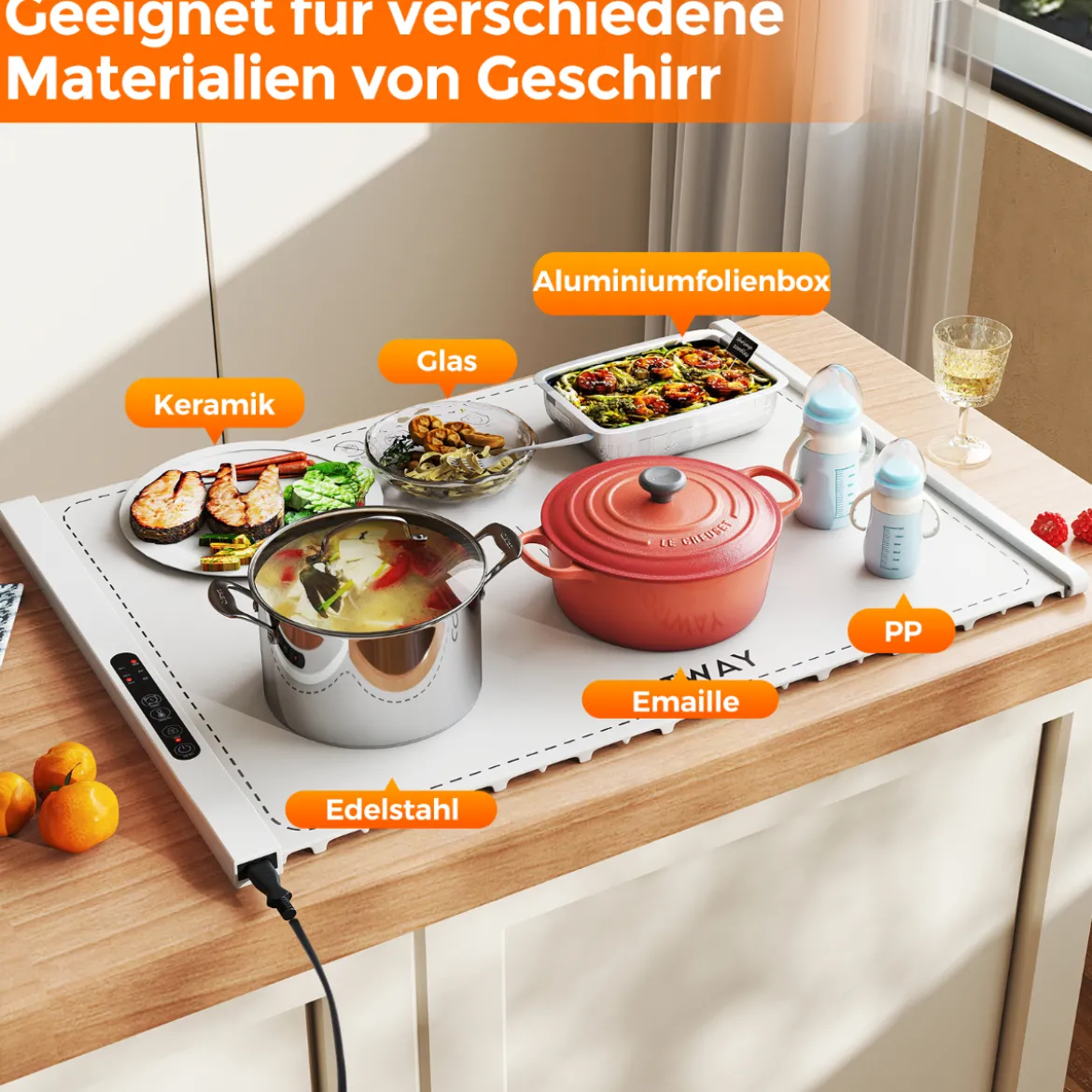 Elektrische Wärmematte Rollbare Warmhalteplatte Silikon Speisewärmer für Lebensmittel Weiß