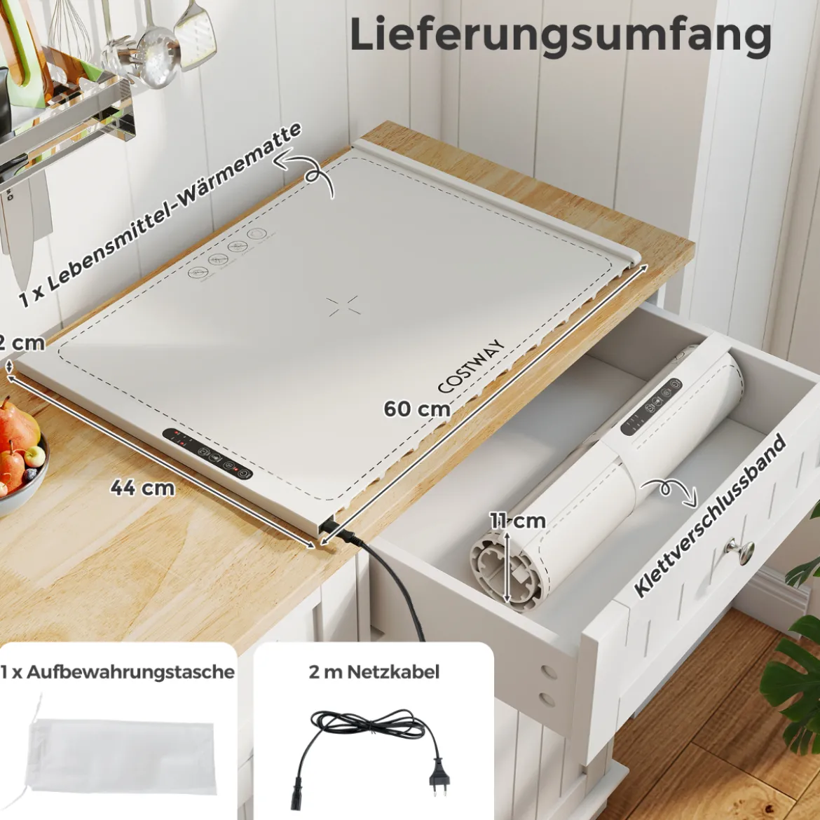 Elektrische Wärmematte Rollbare Warmhalteplatte Silikon Speisewärmer für Lebensmittel Weiß
