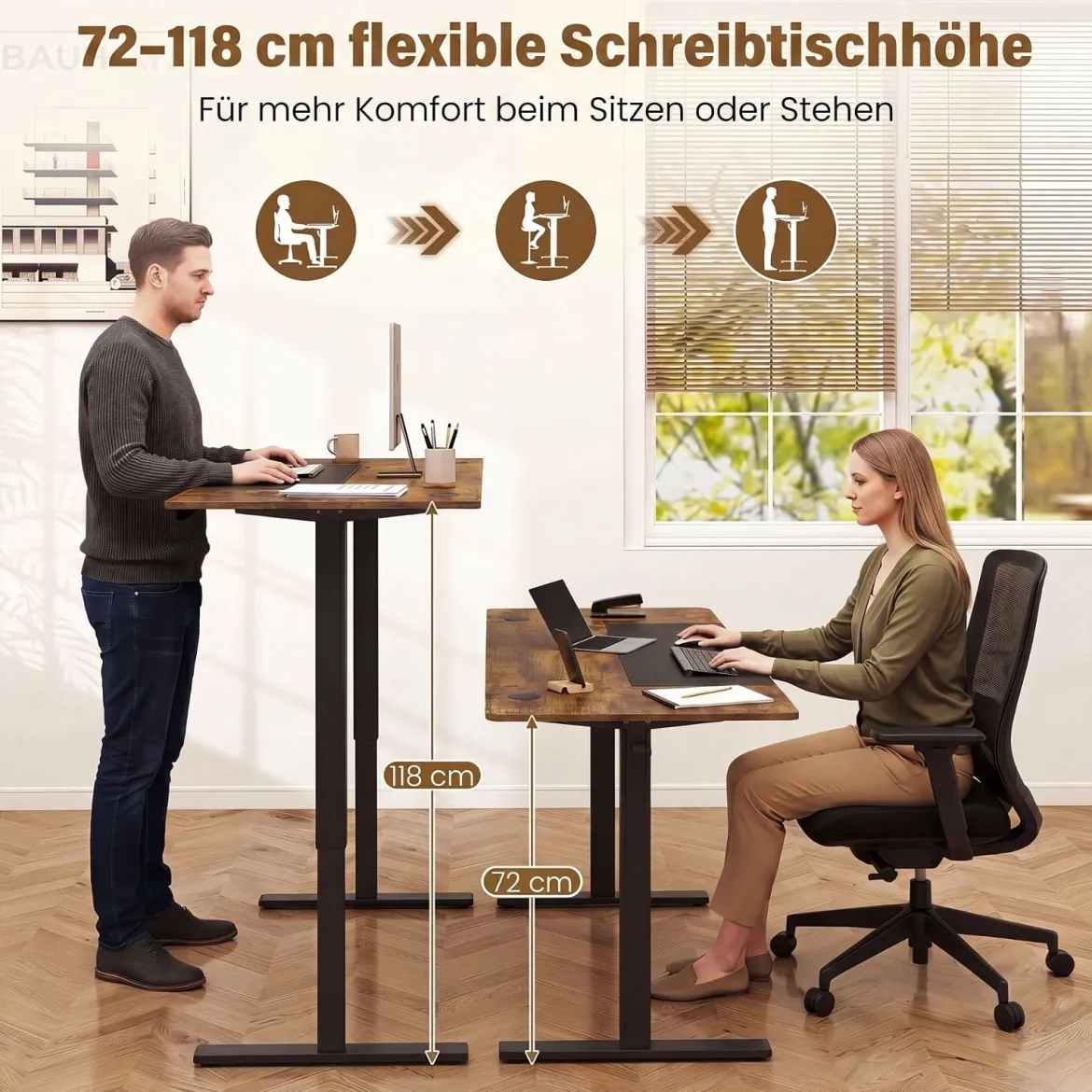 Elektrisch Höhenverstellbarer Schreibtisch mit Stabilem Metallgestell 160 x 60 cm Braun