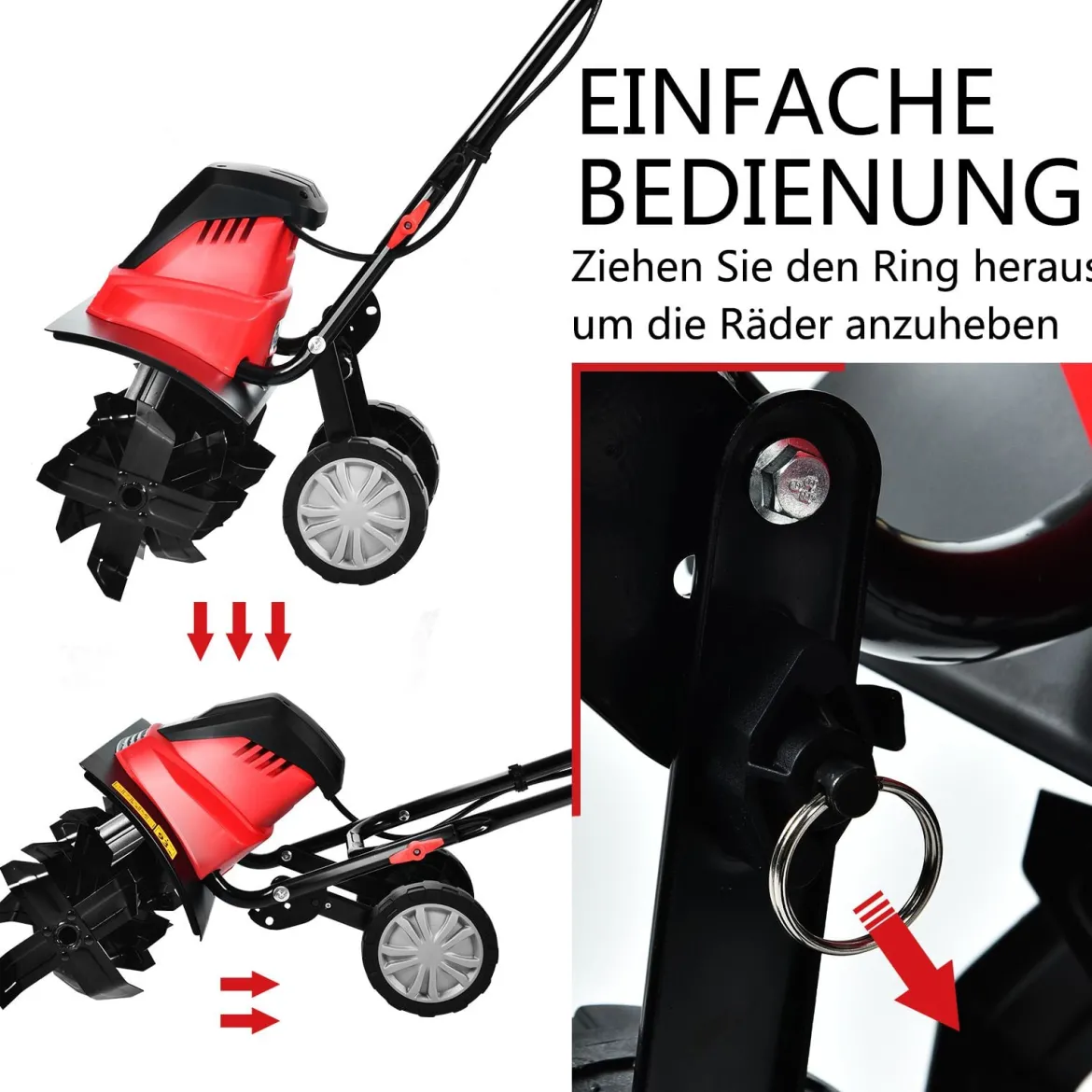 Elektro Bodenhacke mit 6 Hackmesser & 2-Punkt-Sicherheitsschalter 1500W Gartenfräse Rot