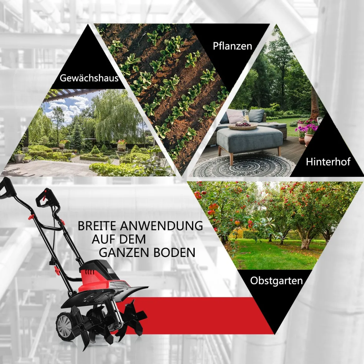 Elektro Bodenhacke mit 6 Hackmesser & 2-Punkt-Sicherheitsschalter 1500W Gartenfräse Rot