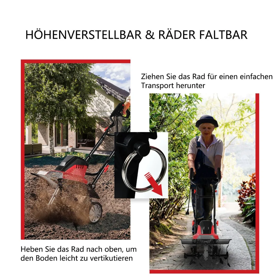 Elektro Bodenhacke mit 6 Hackmesser & 2-Punkt-Sicherheitsschalter 1500W Gartenfräse Rot