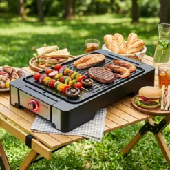Elektrogrill 2300W Tischgrill mit Antihaft Grillplatte & Fettauffangschale 53 x 31 x 8,5 cm Schwarz