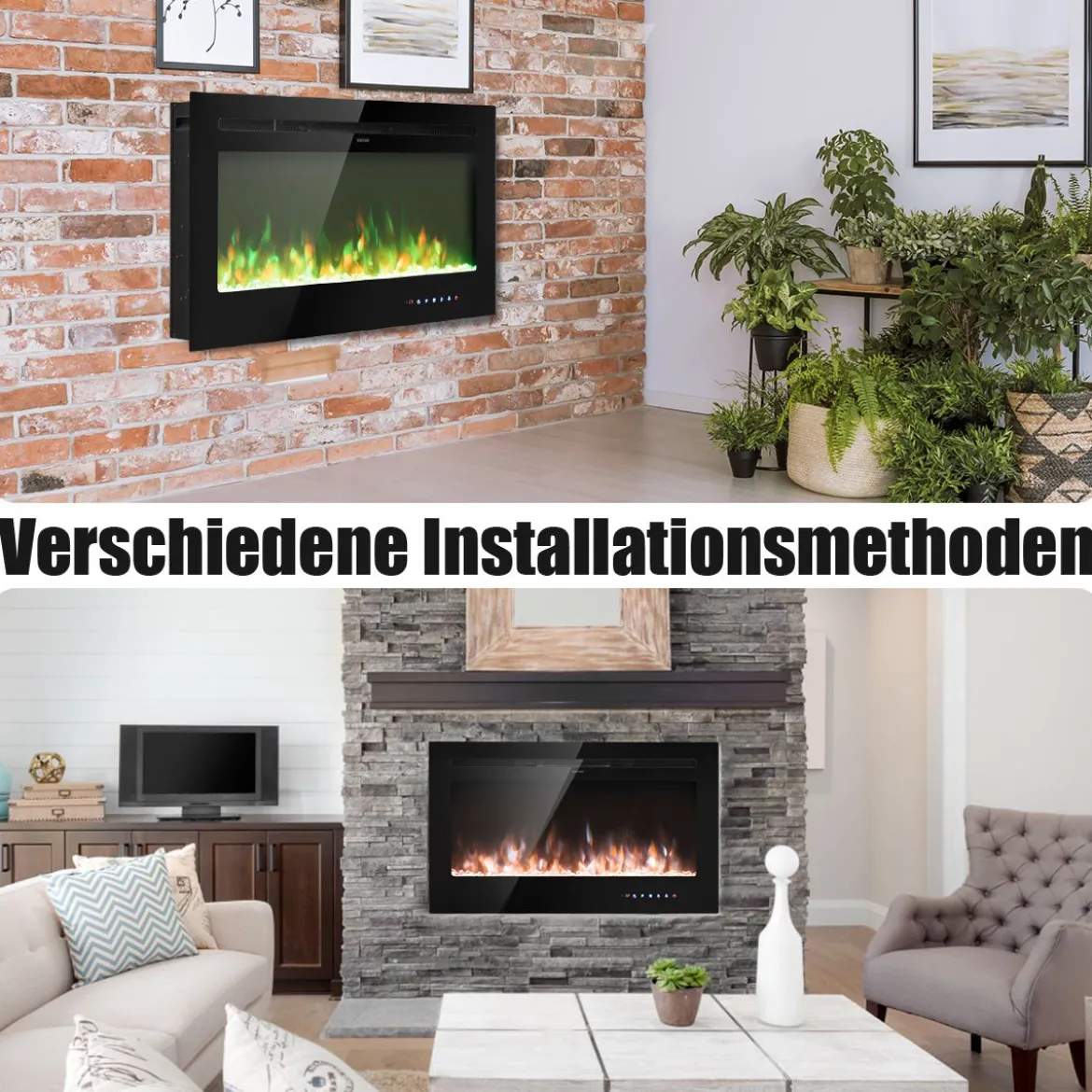 36" Elektrokamin Elektrische Kaminheizung Heizlüfter mit 5 Helligkeitsstufen Schwarz