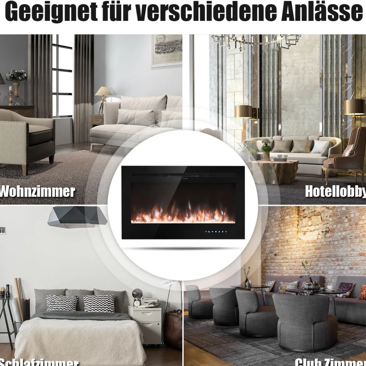 36" Elektrokamin Elektrische Kaminheizung Heizlüfter mit 5 Helligkeitsstufen Schwarz