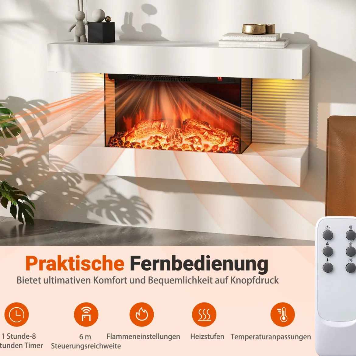 Elektrokamin mit Heizung & LED-Seitenlichtern Schwebender Wandkamin mit Fernbedienung