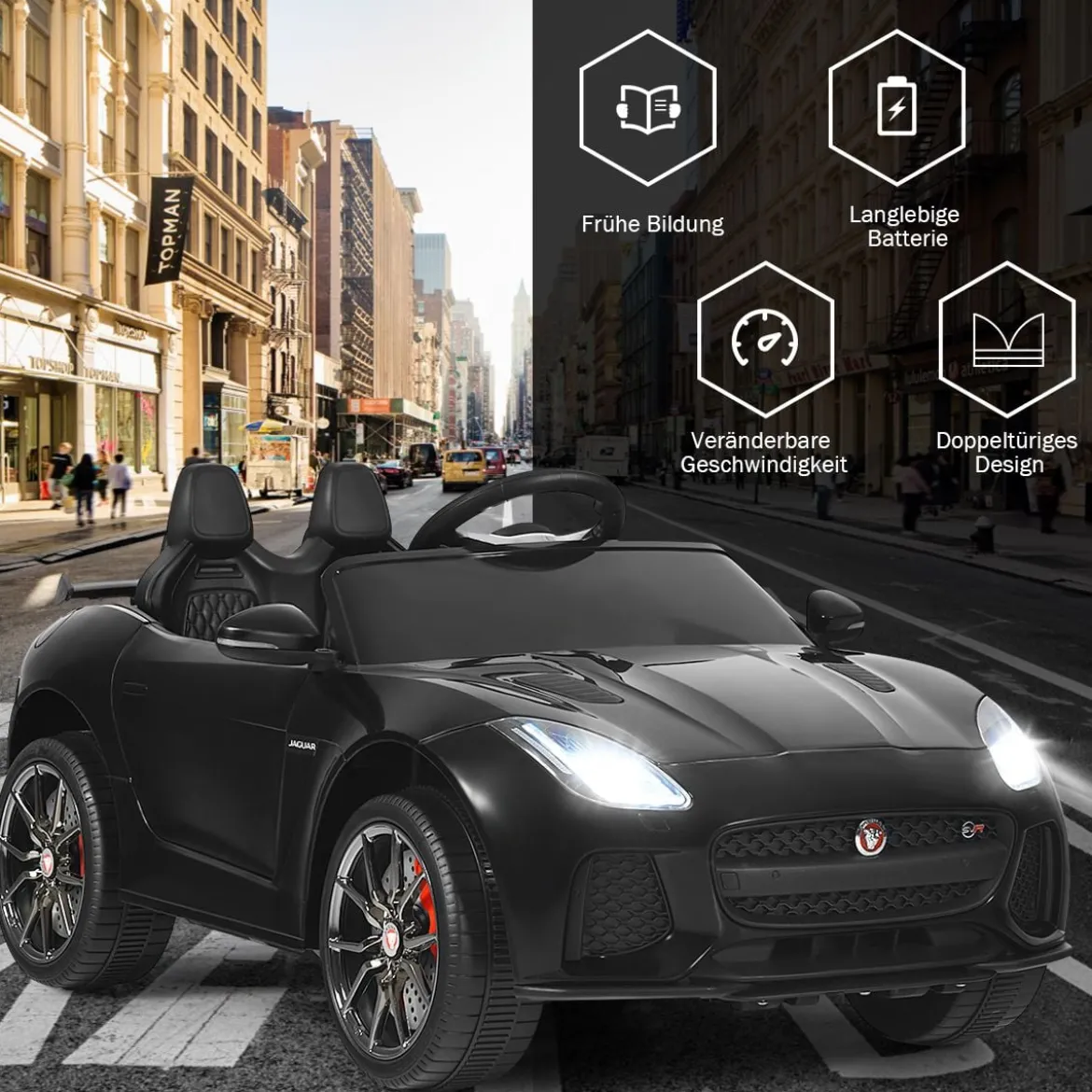 Elektro Kinderauto mit Geschichten & Musik & Hupe & Scheinwerfer & 2,4G Fernbedienung