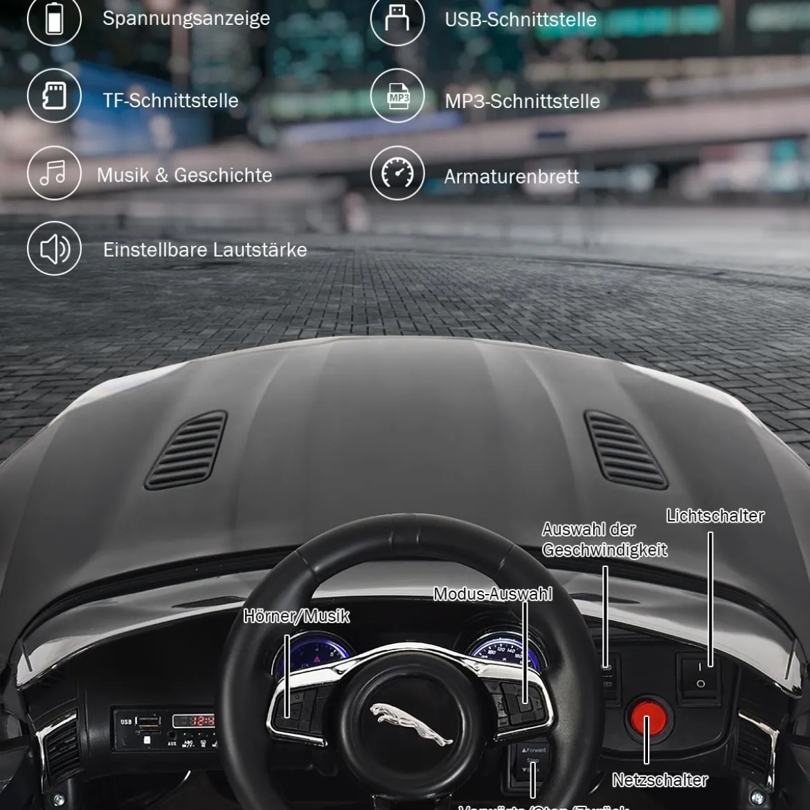 Elektro Kinderauto mit Geschichten & Musik & Hupe & Scheinwerfer & 2,4G Fernbedienung