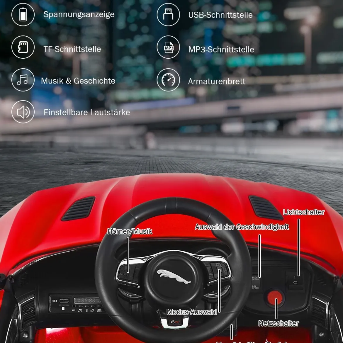 Elektro Kinderauto mit Geschichten & Musik & Hupe & Scheinwerfer & 2,4G Fernbedienung