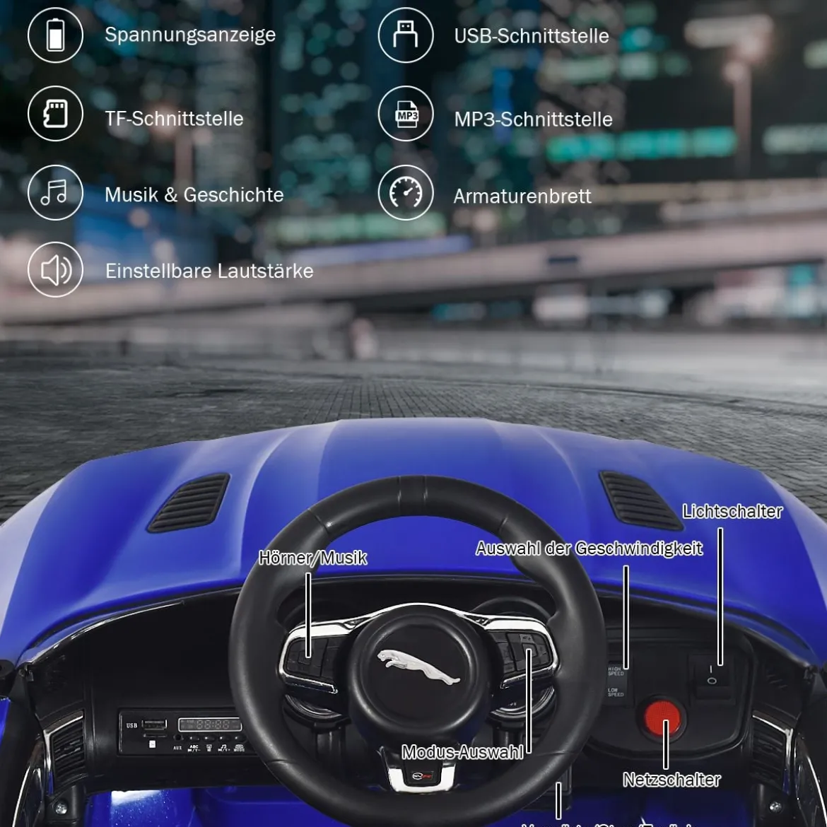 Elektro Kinderauto mit Geschichten & Musik & Hupe & Scheinwerfer & 2,4G Fernbedienung