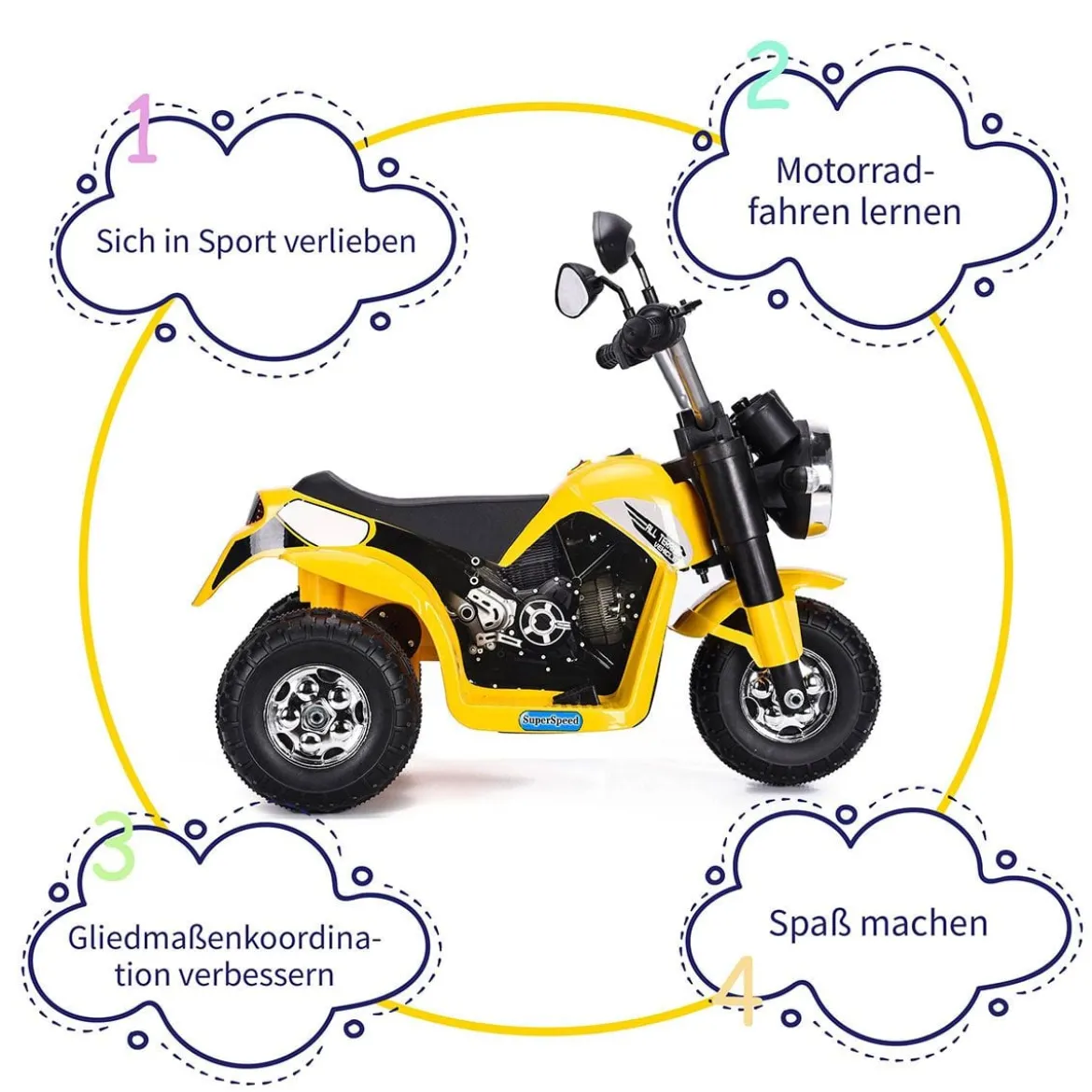 Elektro Motorrad Kindermotorrad Elektromotorrad mit Stützrädern 57 x 72 x 56 cm Gelb
