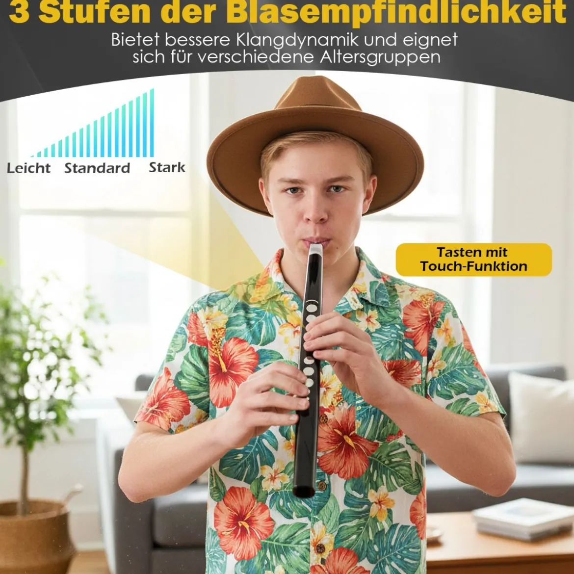 Elektronisches Blasinstrument tragbares elektrisches Blasinstrument mit 13 Tönen 2 Fingerings & 3 Empfindlichkeitsstufen Schwarz
