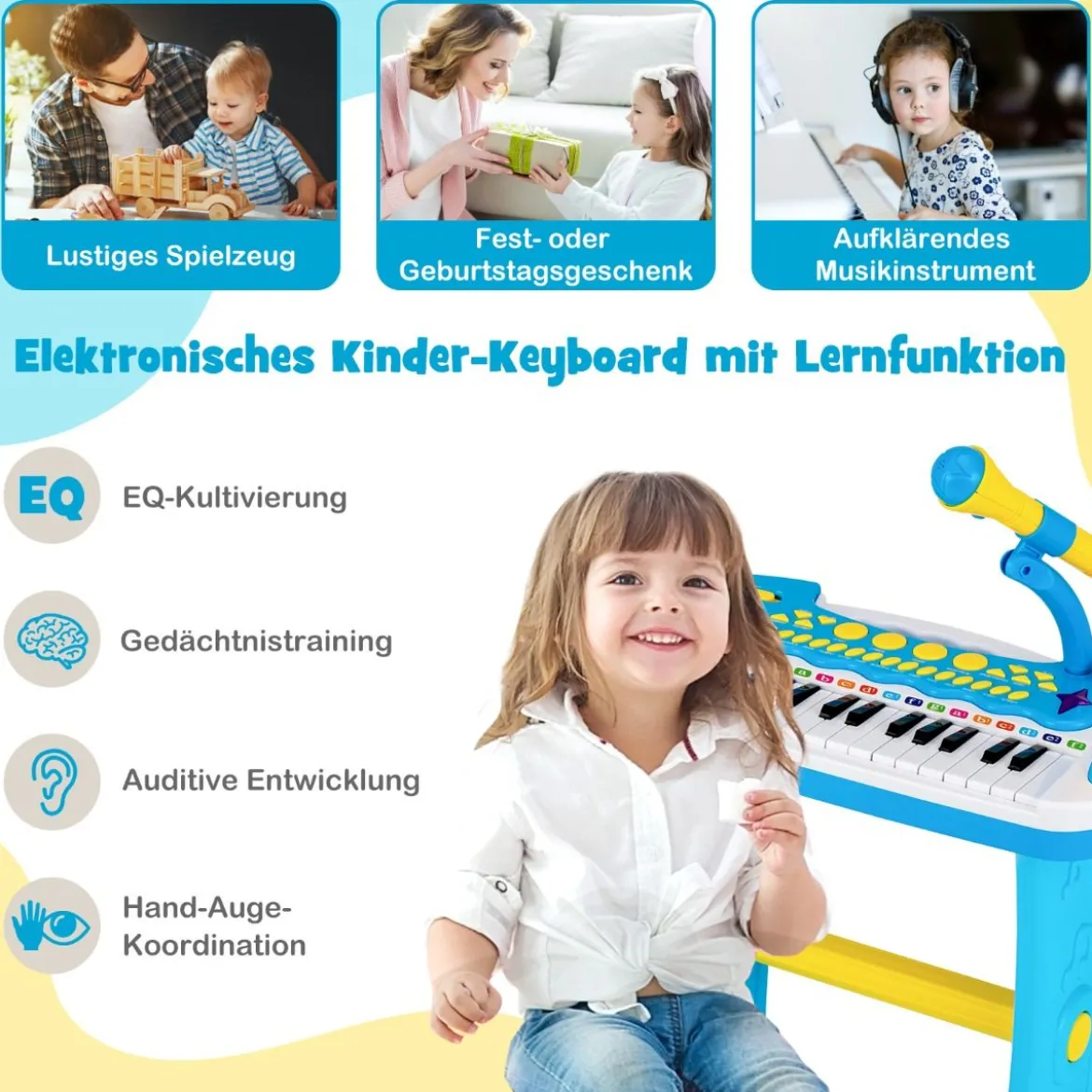 Elektronisches 31-Tasten Kinder Keyboard mit Hocker & Mikrofon für Kinder ab 3 Jahr Blau