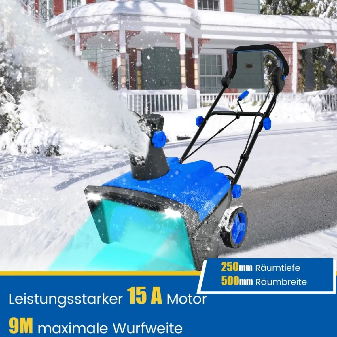 Elektro-Schneefräse mit LED-Leuchten & 15 A Motor 50 cm Arbeitsbreite 25 cm Arbeitshöhe Rot/Blau + Schwarz