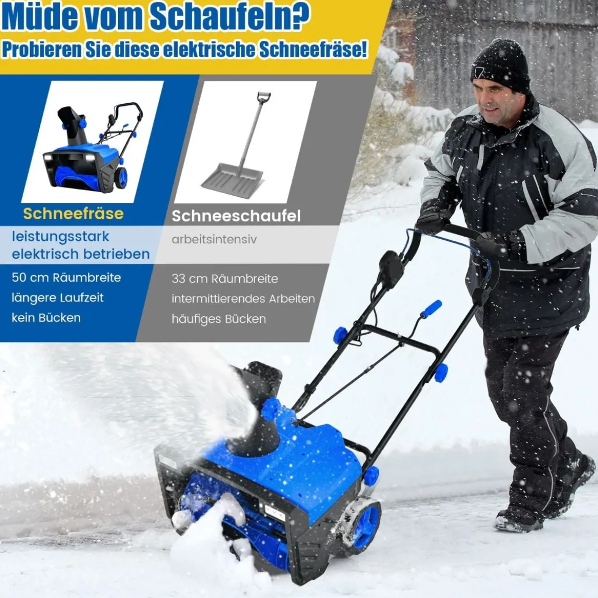 Elektro-Schneefräse mit LED-Leuchten & 15 A Motor 50 cm Arbeitsbreite 25 cm Arbeitshöhe Rot/Blau + Schwarz