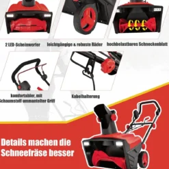 Elektro-Schneefräse mit LED-Leuchten & 15 A Motor 50 cm Arbeitsbreite 25 cm Arbeitshöhe Rot/Blau + Schwarz