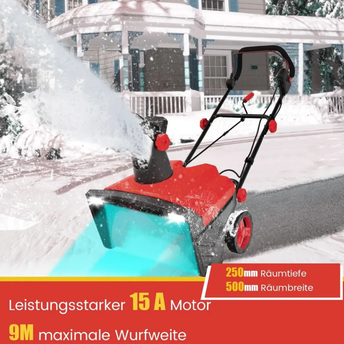 Elektro-Schneefräse mit LED-Leuchten & 15 A Motor 50 cm Arbeitsbreite 25 cm Arbeitshöhe Rot/Blau + Schwarz