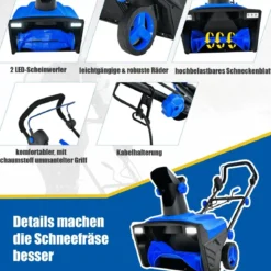 Elektro-Schneefräse mit LED-Leuchten & 15 A Motor 50 cm Arbeitsbreite 25 cm Arbeitshöhe Rot/Blau + Schwarz