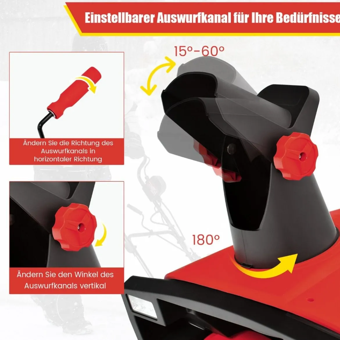 Elektro-Schneefräse mit LED-Leuchten & 15 A Motor 50 cm Arbeitsbreite 25 cm Arbeitshöhe Rot/Blau + Schwarz