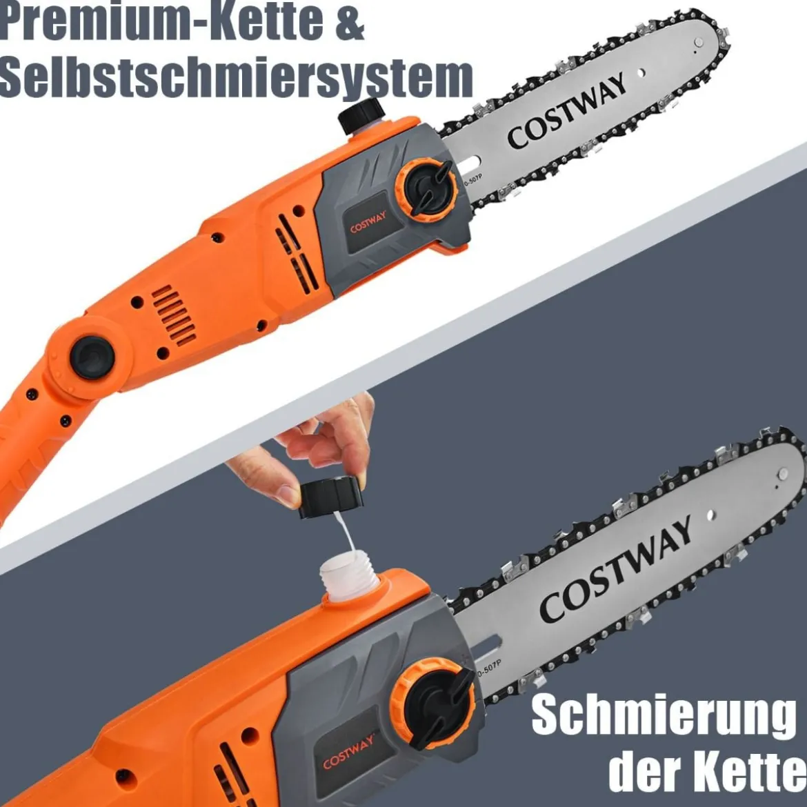 Elektrostangensäge Hochentaster 212-286 cm Mehrwinkel Stangenkettensäge mit Sägekopf Orange