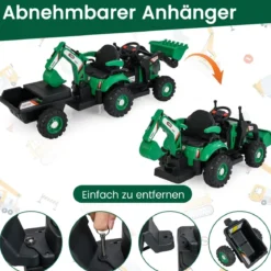 Elektro Traktor mit Anhänger & Schaufel & Fernbedienung 12V Aufsitztraktor Sitzbagger Grün