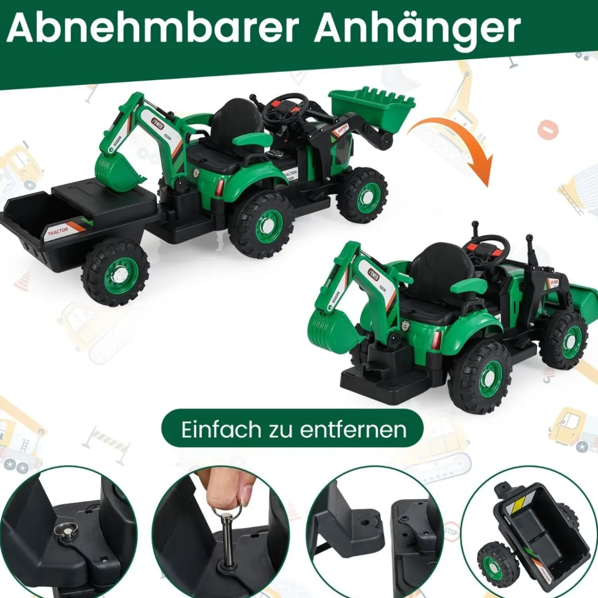 Elektro Traktor mit Anhänger & Schaufel & Fernbedienung 12V Aufsitztraktor Sitzbagger Grün