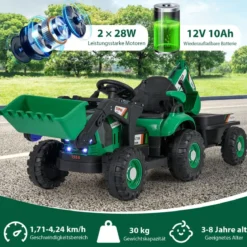 Elektro Traktor mit Anhänger & Schaufel & Fernbedienung 12V Aufsitztraktor Sitzbagger Grün