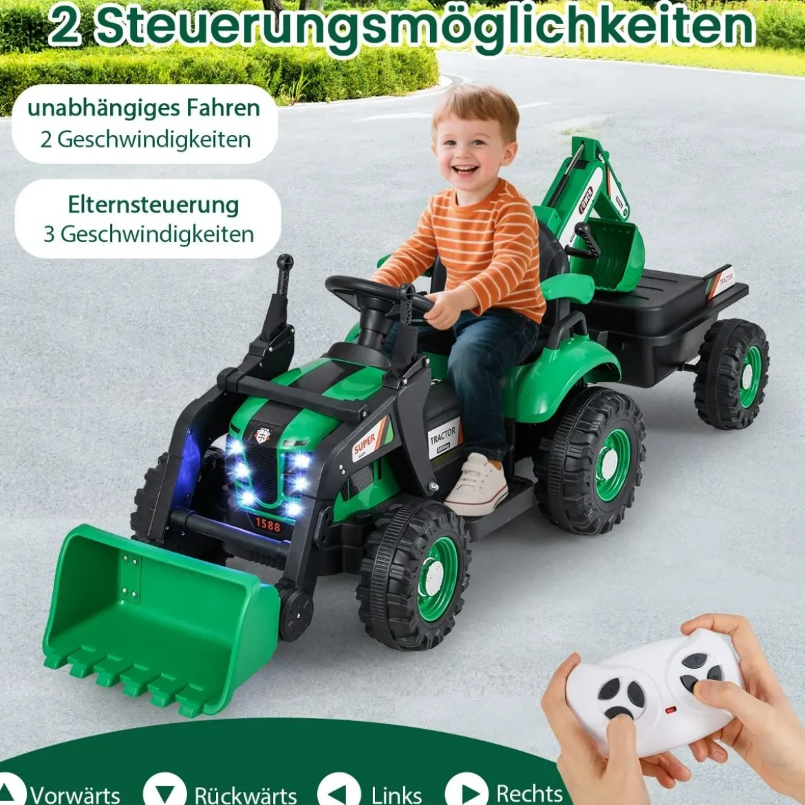 Elektro Traktor mit Anhänger & Schaufel & Fernbedienung 12V Aufsitztraktor Sitzbagger Grün