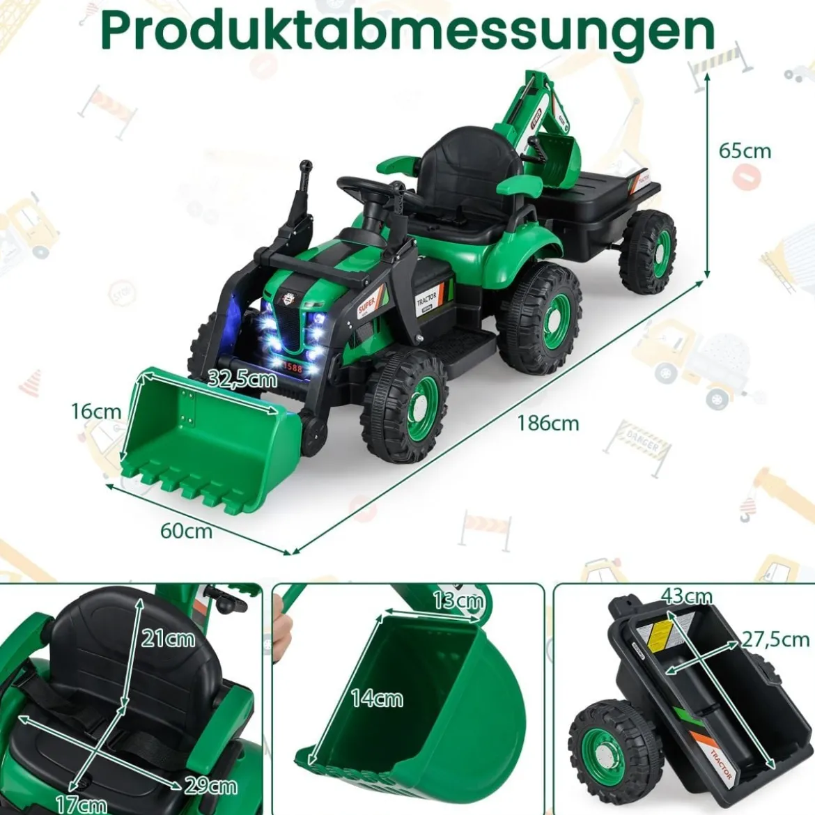 Elektro Traktor mit Anhänger & Schaufel & Fernbedienung 12V Aufsitztraktor Sitzbagger Grün