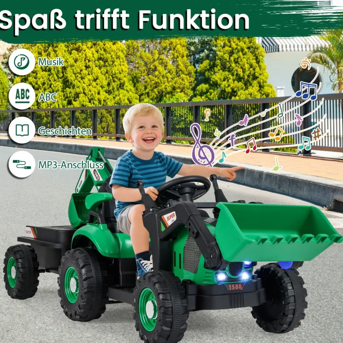 Elektro Traktor mit Anhänger & Schaufel & Fernbedienung 12V Aufsitztraktor Sitzbagger Grün